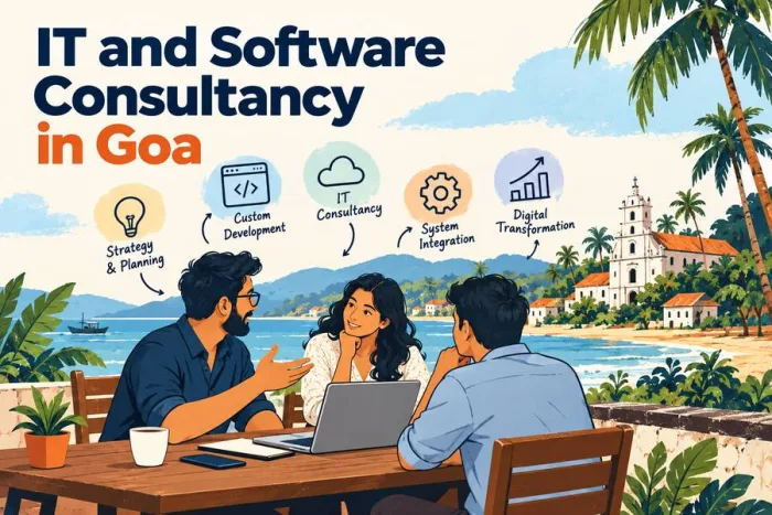 Business owner discussing software requirements with an IT consultant in Goa across a desk with a laptop and notes