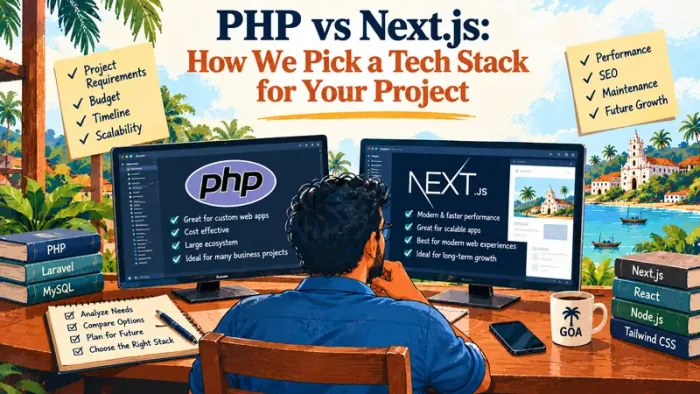 Developer comparing PHP vs Next.js options on a laptop while planning a tech stack for a client project