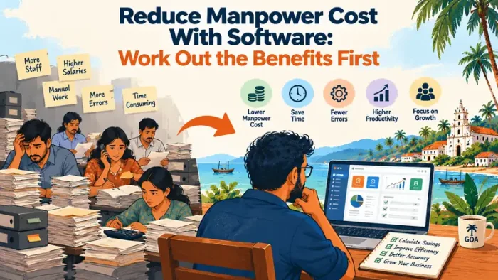 Goa business owner reviewing staff hours on a laptop to reduce manpower cost with software