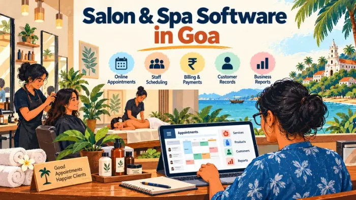 Salon reception desk in Goa with a tablet showing billing and appointment software