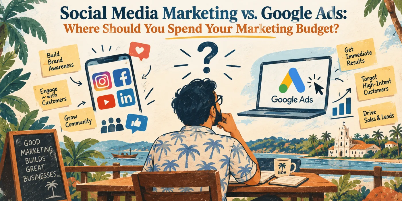 Goa business owner comparing social media marketing vs Google ads results on a laptop at a cafe table