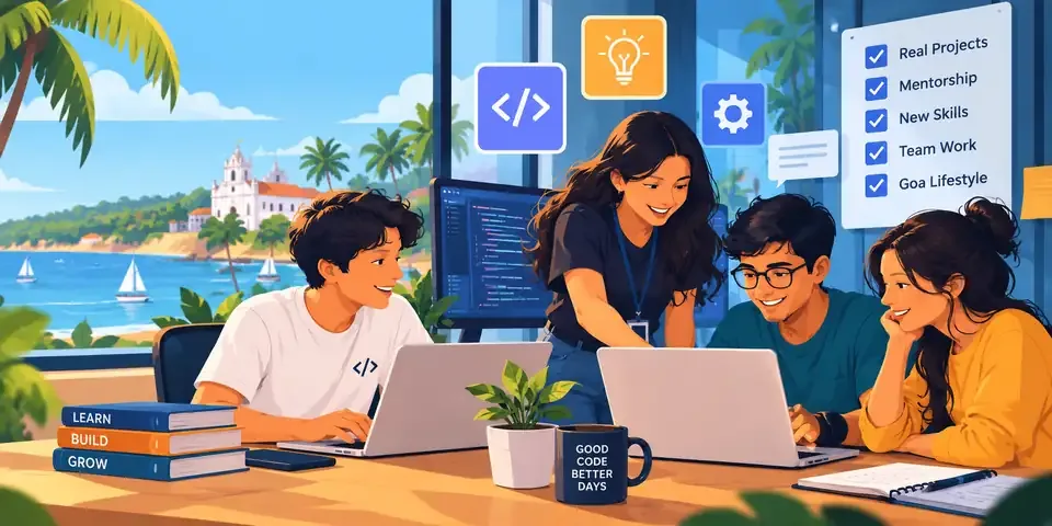 Students working with developers on a laptop during a software internship in Goa at Codanto