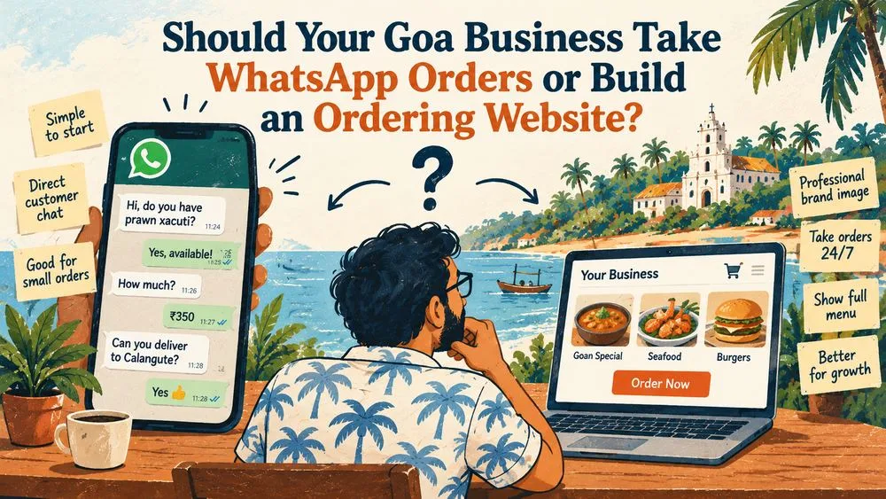 Restaurant owner in Goa checking WhatsApp orders on a phone beside a laptop showing an online ordering website